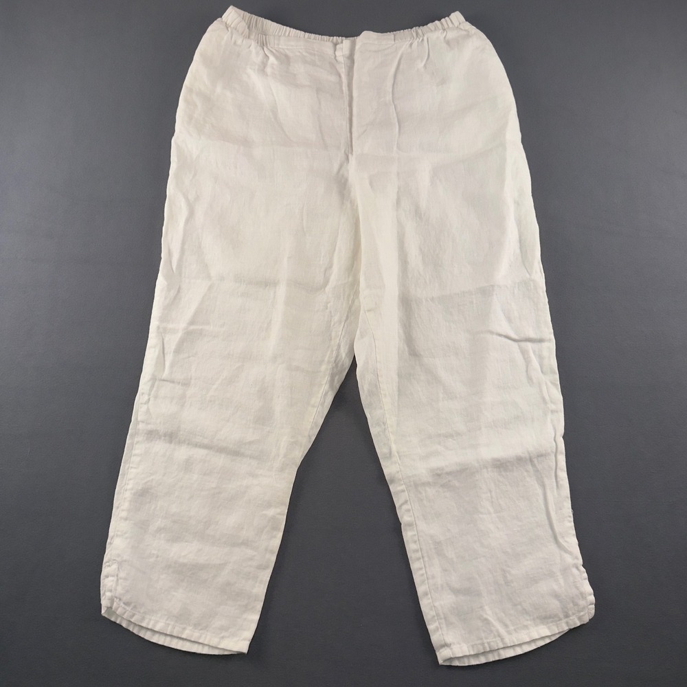 Flax Womens White 100% Linen Elastic Waist Straight Leg Pants Large Lithuania
